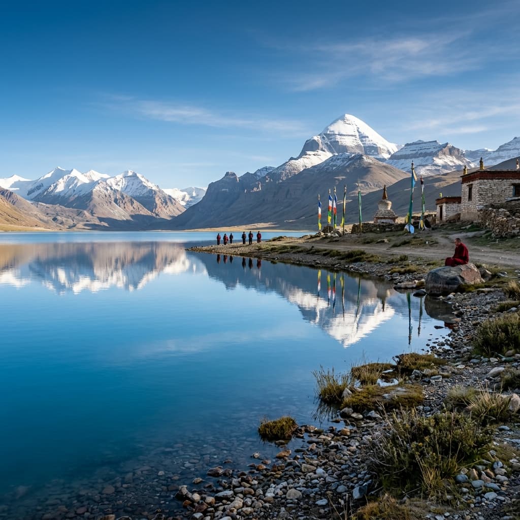 Holy waters of Lake Mansarovar mirroring light
