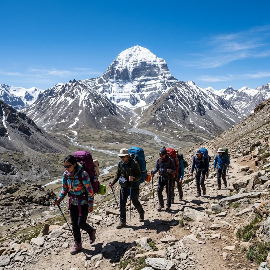 Devotees hiking on the Parikrama route