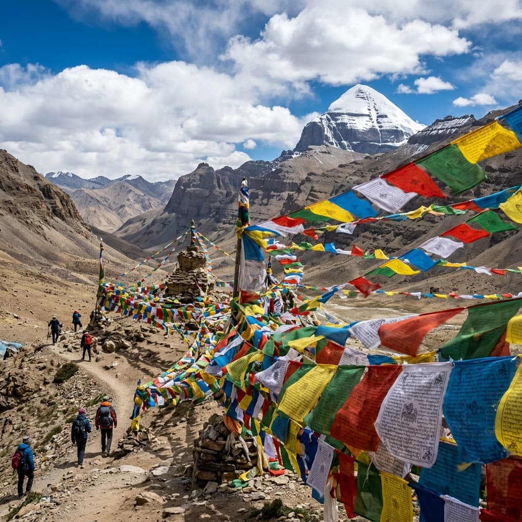 Colorful Buddhist prayer flags flutter against mountain background