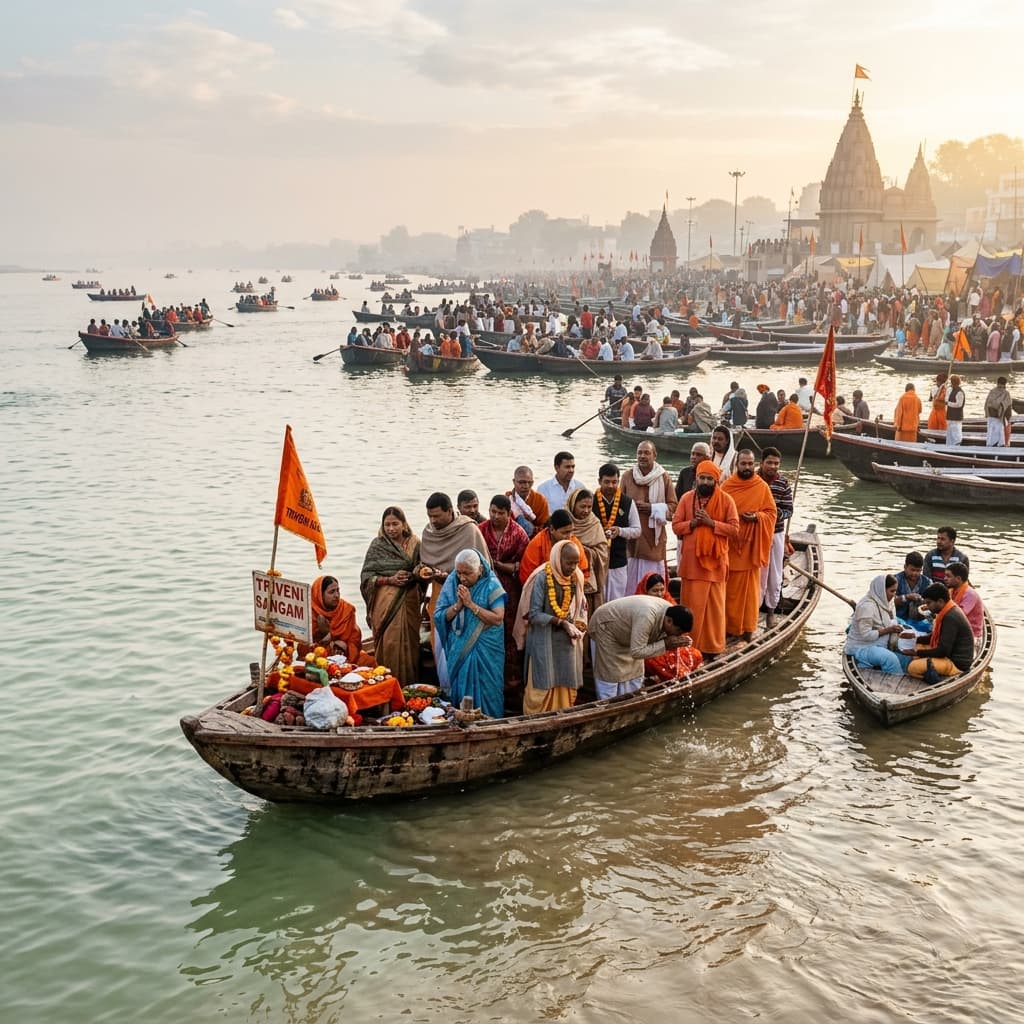 Devotees on boats at the Triveni Sangam in Prayagraj