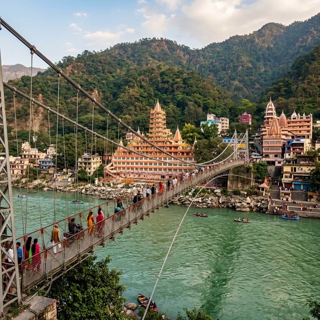 Laxman Jhula bridge in Rishikesh over the emerald Ganga